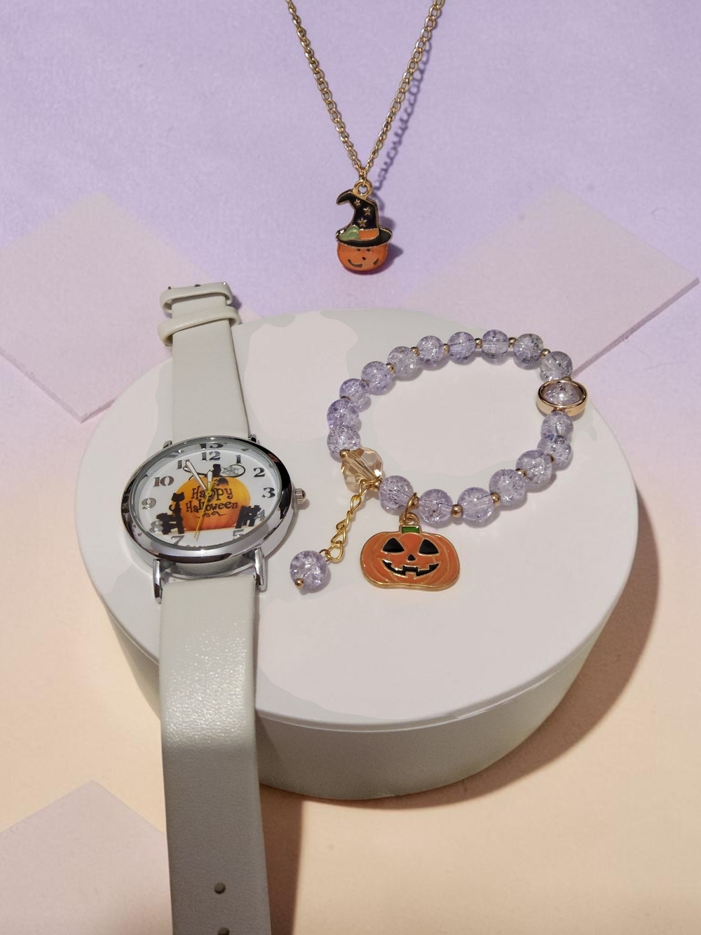 New Halloween Pumpkin Charm Bracelet & Watch Set in Cream and Purple